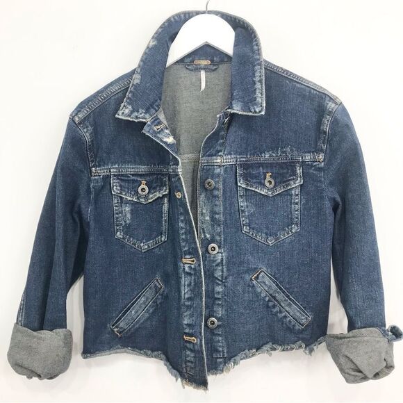 Free People Blue Cotton Denim Factory Distressed Button Crop Jacket - Picture 4 of 16